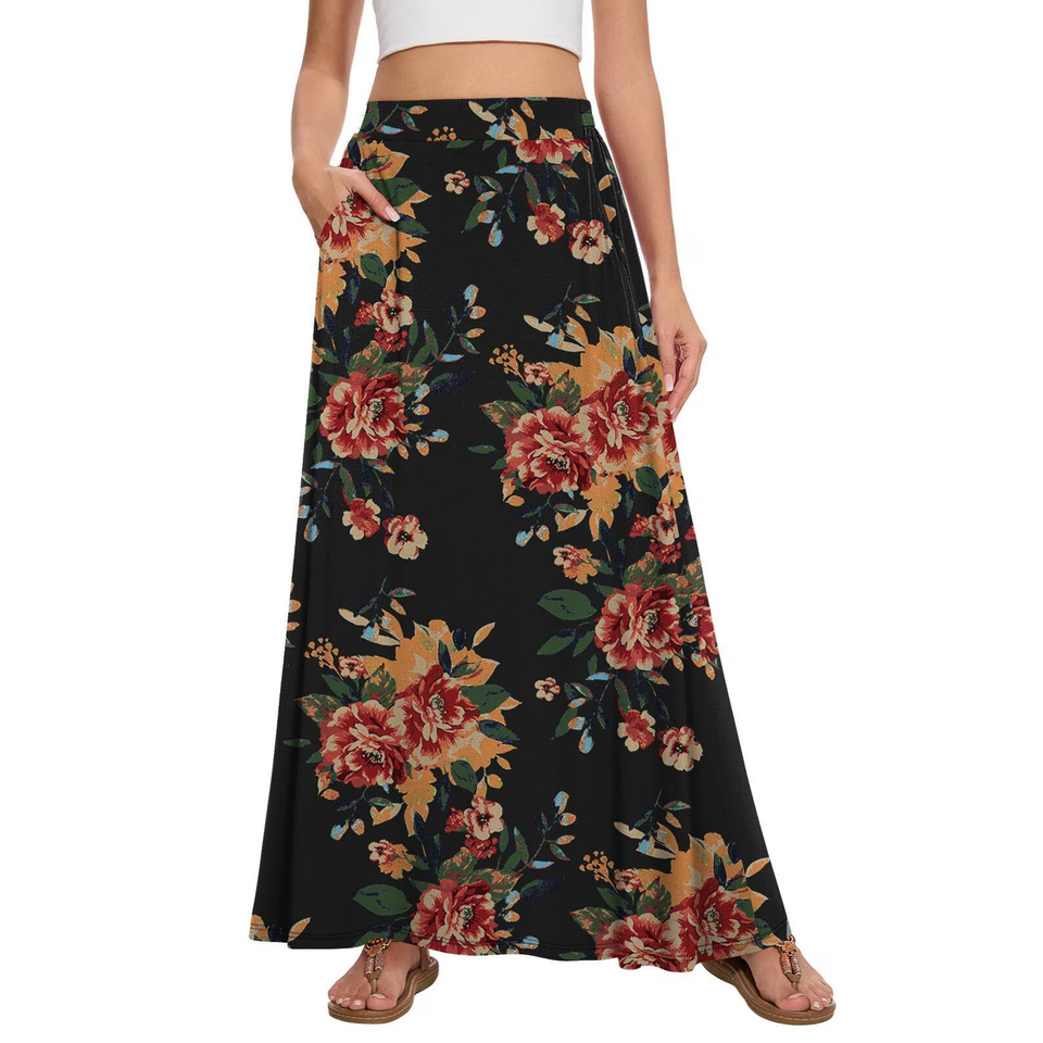 Fantaslook Long Skirts for women Boho Casual Maxi Skirt Trendy Elastic Waist Flowy Skirts with Pockets