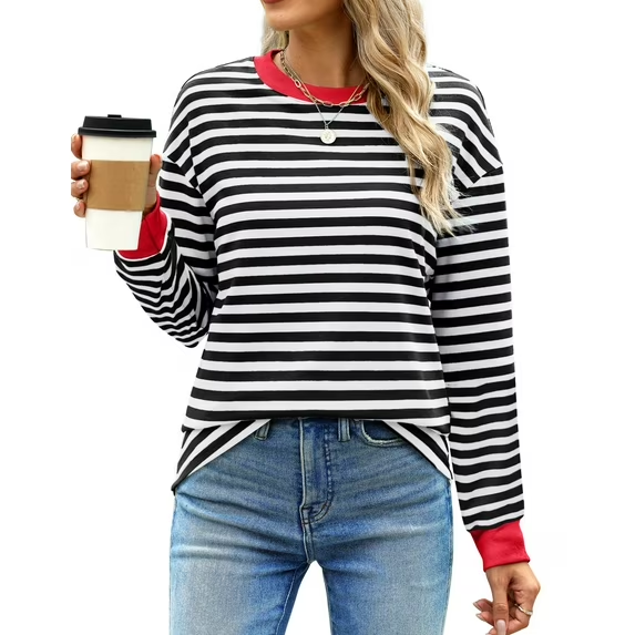 Fantaslook Striped Long Sleeve Shirts for Women Crewneck Tunic Tops Color Block Blouses Fall Pullover