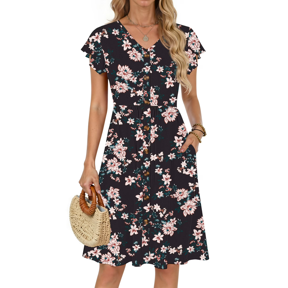 Fantaslook Women Summer Dresses V Neck Ruffle Sleeve Casual Flowy Sundresses Button Floral Midi Dress with Pockets