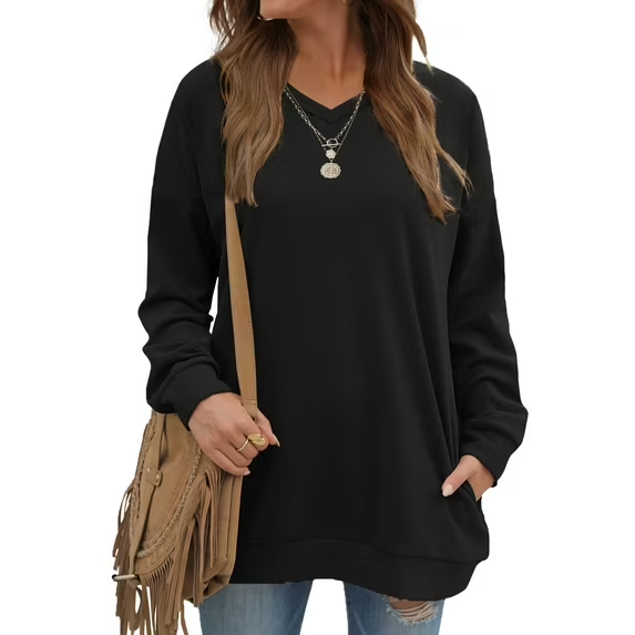 Fantaslook V Neck Sweatshirts for Women Casual Long Sleeve Tops Oversized Sweatshirt With Pockets