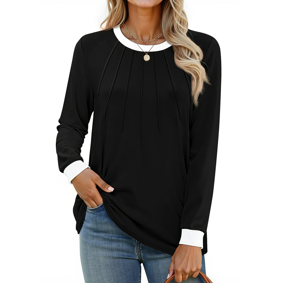 Fantaslook Women Blouses Color Block Long Sleeve Shirts Pleated Fall Tops Fashion Dressy Blouses