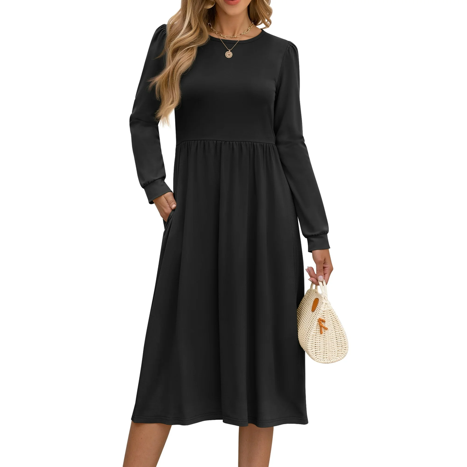 Fantaslook Long Sleeve Midi Dresses for Women Casual Floral Dress Flowy Fall Dresses with Pockets