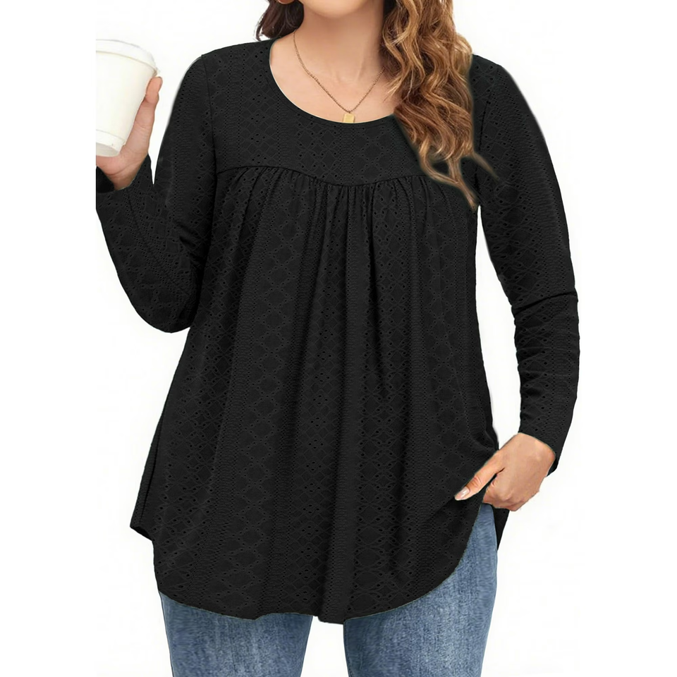 Fantaslook Plus Size Tops For Women Eyelet Long Sleeve Tunic Blouse Crew Neck Pleated Curved Hem Shirts