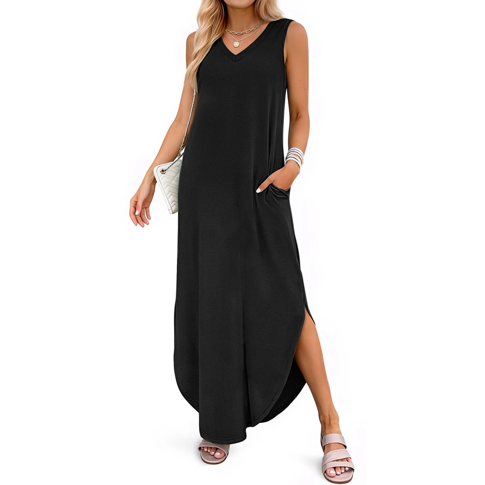 Fantaslook Summer Maxi Dresses for Women V Neck Tank Dress Vacation Beach Floral Sundresses with Pockets