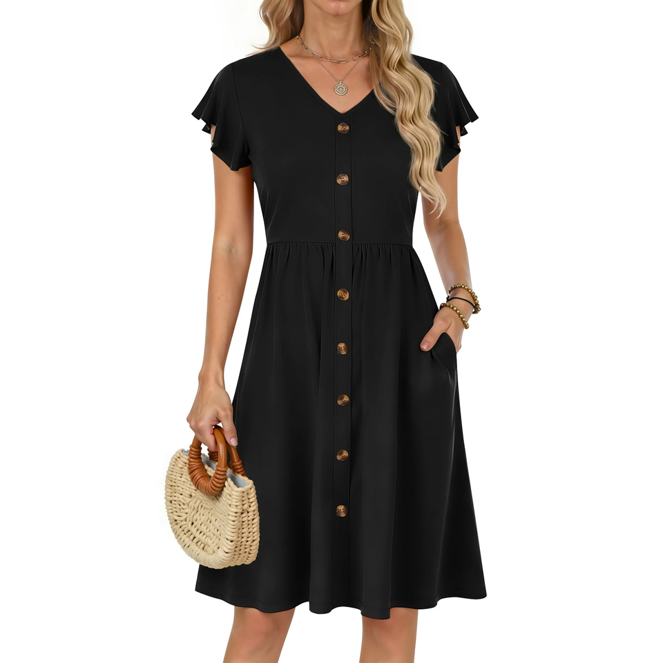 Fantaslook Women Summer Dresses V Neck Ruffle Sleeve Casual Flowy Sundresses Button Floral Midi Dress with Pockets
