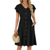 Fantaslook Women Summer Dresses V Neck Ruffle Sleeve Casual Flowy Sundresses Button Floral Midi Dress with Pockets