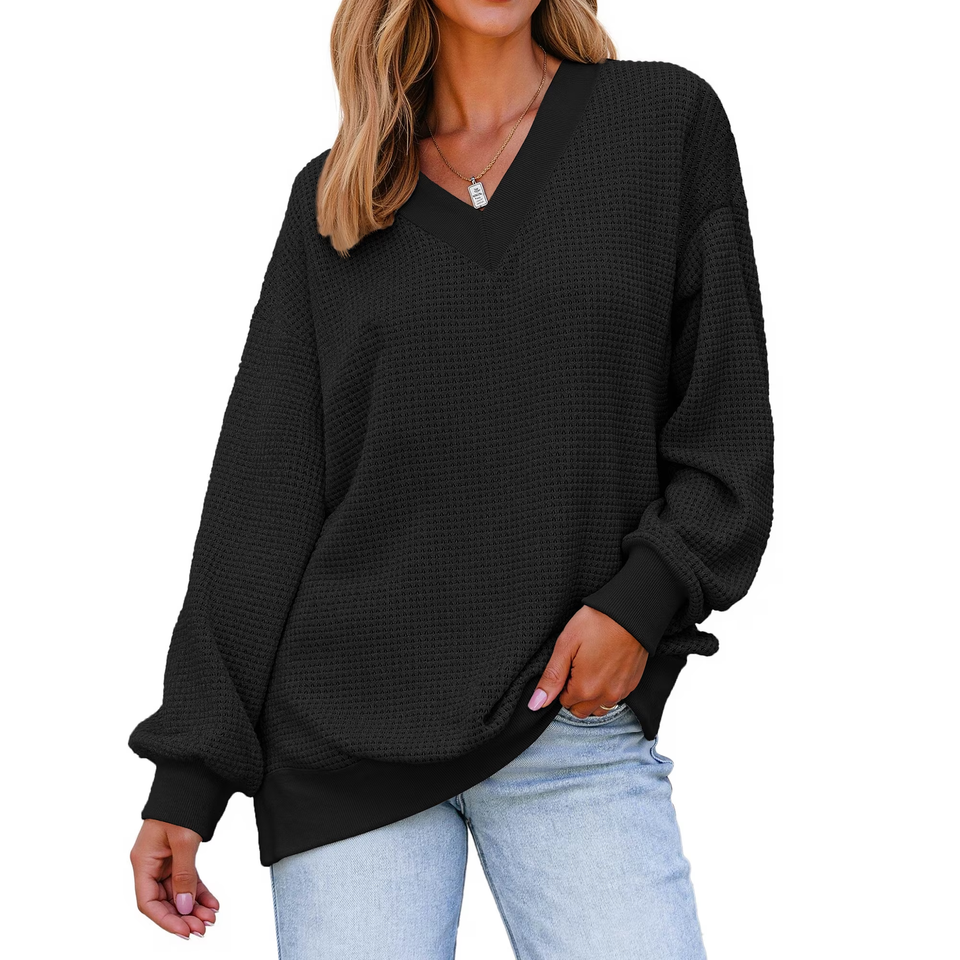 Fantaslook Waffle Knit Womens Sweatshirts Long Sleeve V Neck Shirt Loose Fall Outfits Pullover Casual Tops