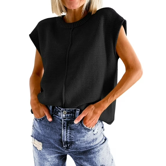 Fantaslook Cap Sleeve Sweaters for Women Casual Crew Neck Loose Knit Lightweight Sweater Vest Pullover Tops
