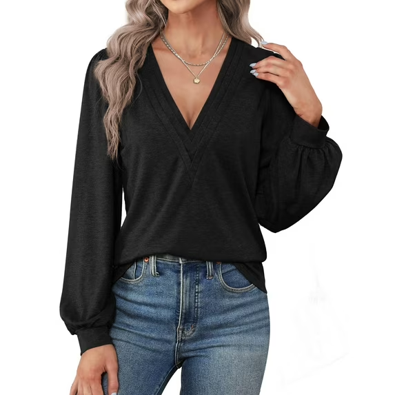 Fantaslook Deep V Neck Womens Tops Fall Long Puff Sleeve Shirts Dressy Casual Tunic Blouses