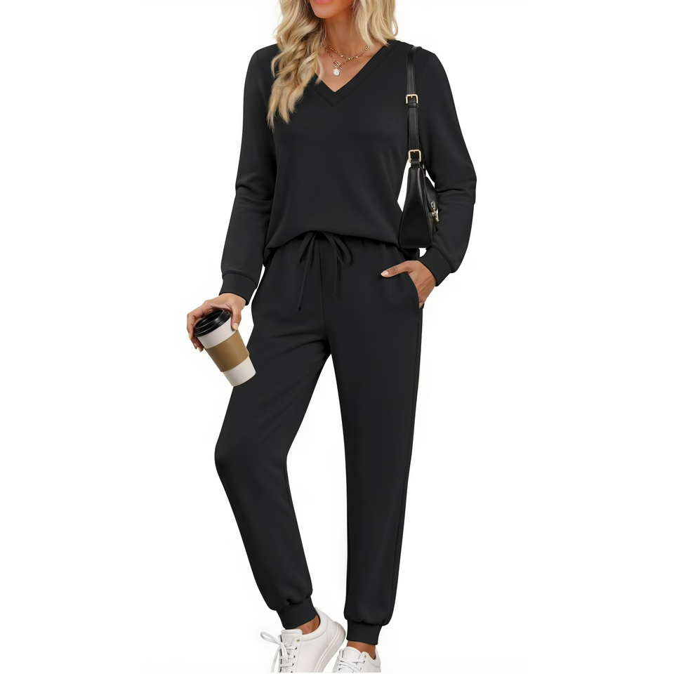 Fantaslook Two Piece Sets for Women Fall Outfits Fashion Lounge Sets V Neck Tops Long Pants Tracksuit Vacation Travel Outfits