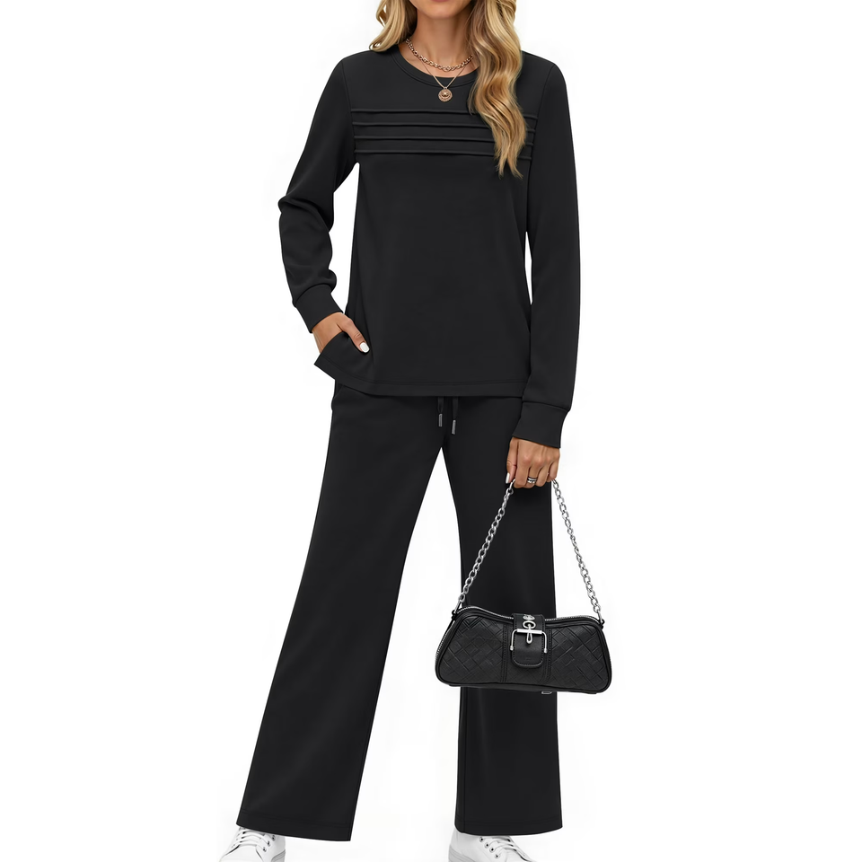 Fantaslook Two Piece Sets for Women Fall Travel Vacation Outfits Pleated Long Sleeve Lounge Sets Wide Leg Pants