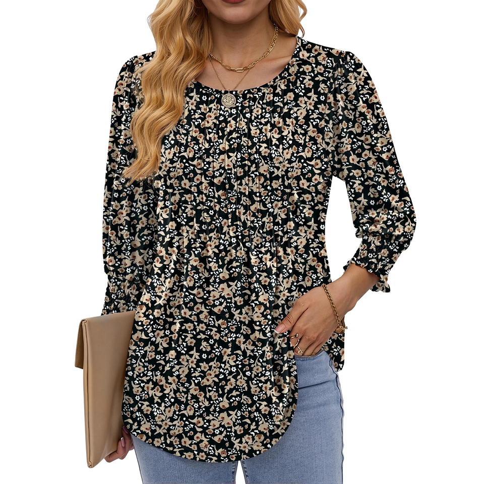 Fantaslook Pleated Blouses for Women Dressy Casual 3/4  Sleeve Womens Tops with Smocked Cuffs Summer Fall Shirts