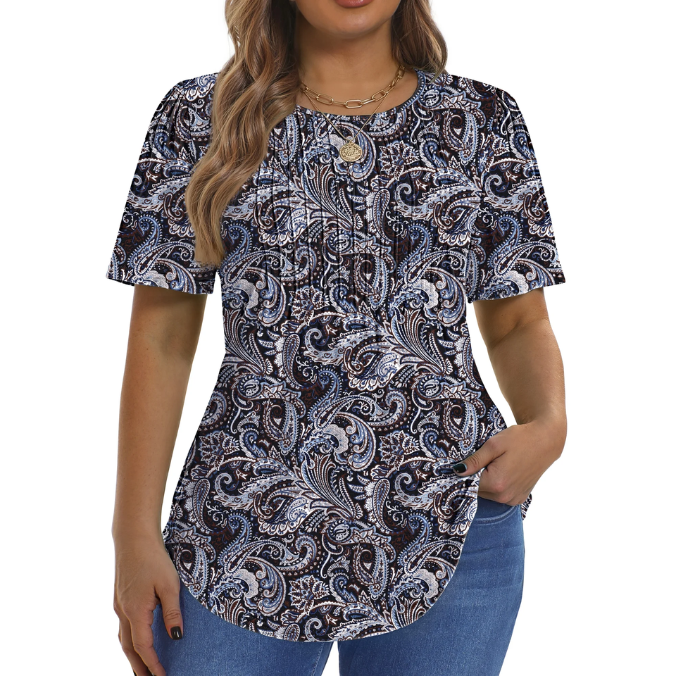 Fantaslook Blouses for Women Pleated Short Sleeve Tunic Tops Dressy Casual Summer Shirts
