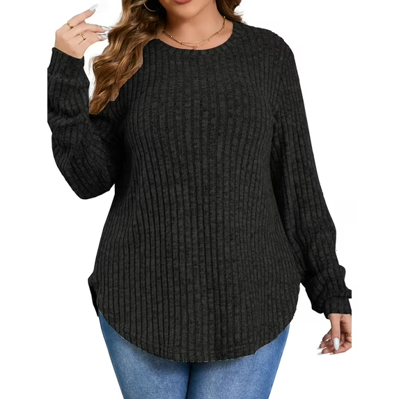 Fantaslook Womens Plus Size Tops Crewneck Long Sleeve Shirts Loose Tunic Tops Curved Hem Fall Pullover
