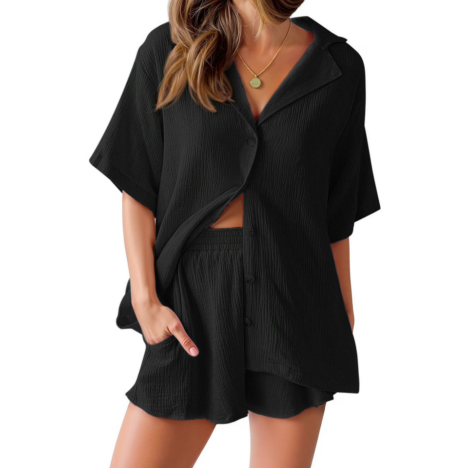 Fantaslook 2 Piece Womens Outfit Sets Button Down Shirts and Shorts Casual Lounge Sets Short Sleeve Pajamas Sets Summer Loungewear