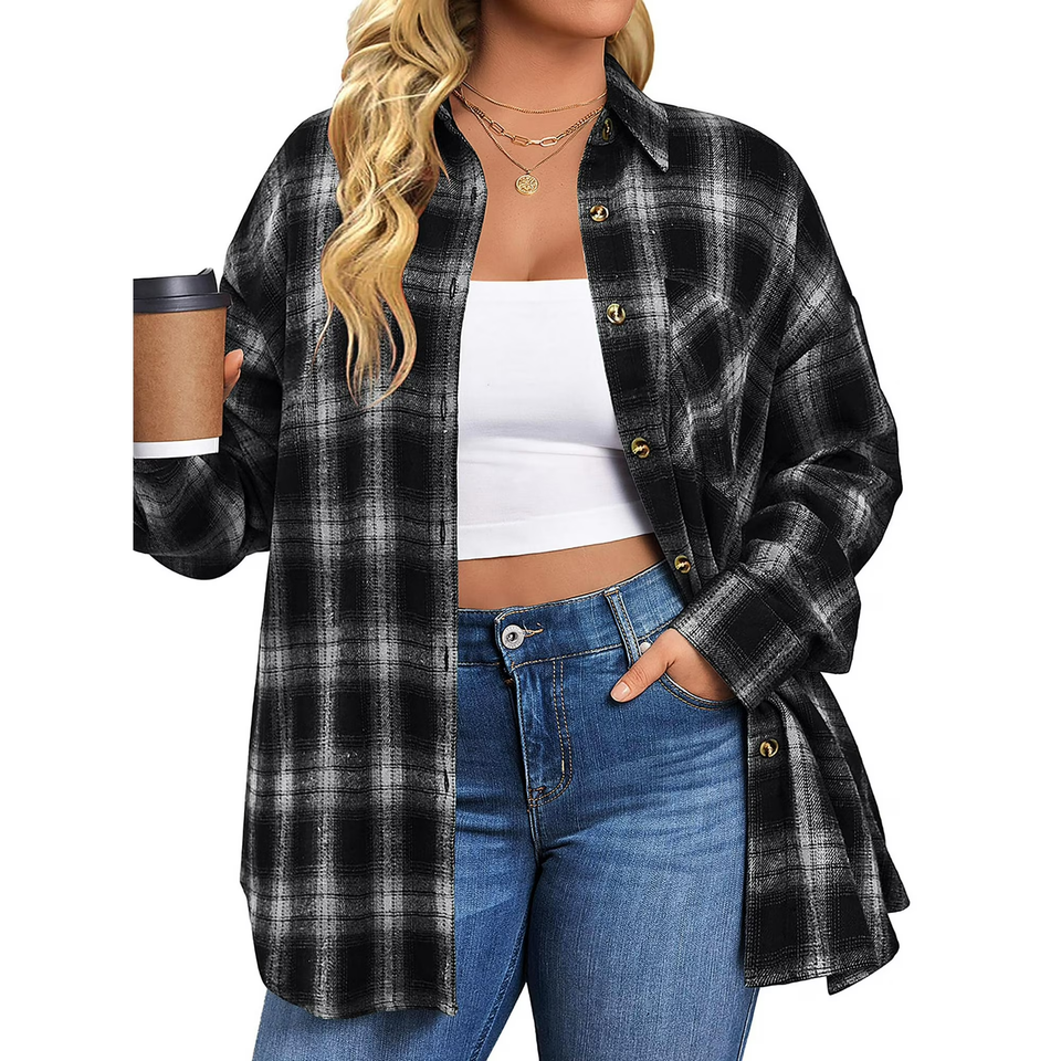 Fantaslook Plus Size Flannel Plaid Shirts for Women Long Sleeve Button Down Shirts Casual Loose Blouses Tops