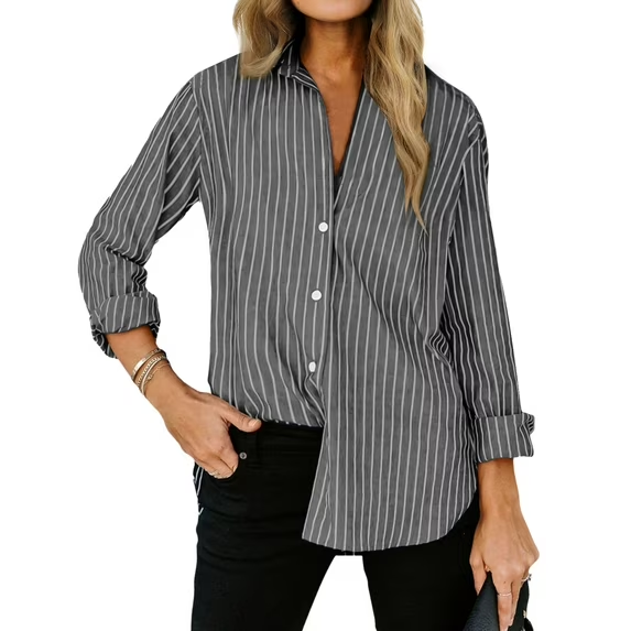 Fantaslook Striped Button Down Shirts for Women Classic Long Sleeve Collared Office Work Blouses Tops