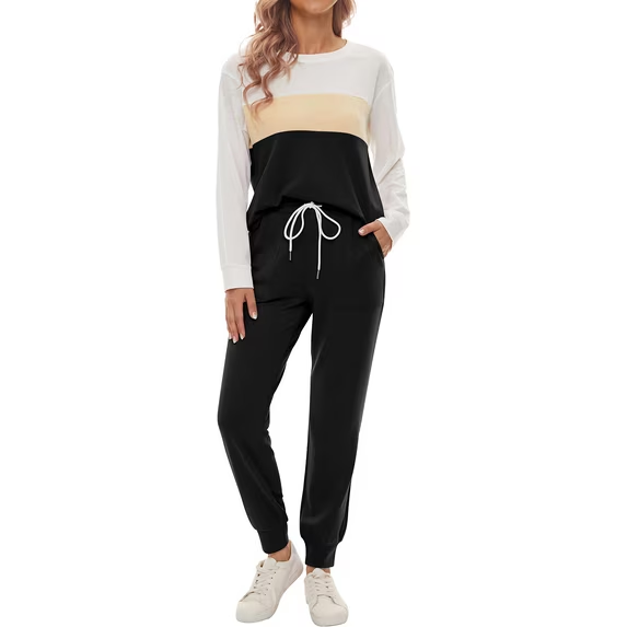 Fantaslook Womens Color Block Pajamas Crewneck Long Sleeve Lounge Sets Casual Jogger Outfits with Pockets
