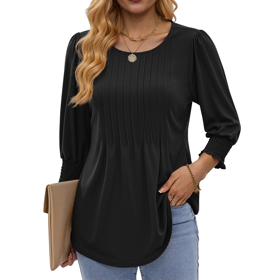 Fantaslook Pleated Blouses for Women Dressy Casual 3/4  Sleeve Womens Tops with Smocked Cuffs Summer Fall Shirts