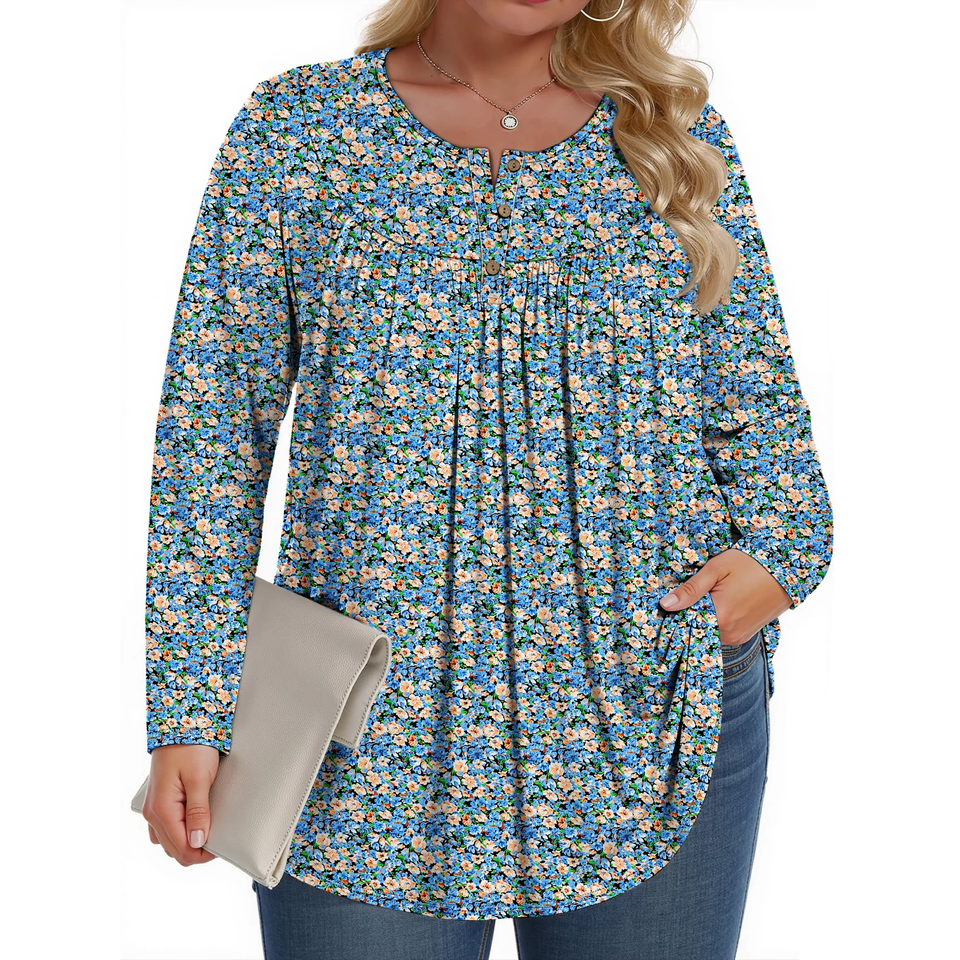 Fantaslook Plus Size Womens Blouses Long Sleeve Floral Tunic Tops Henley Neck Flowy Fall Shirts