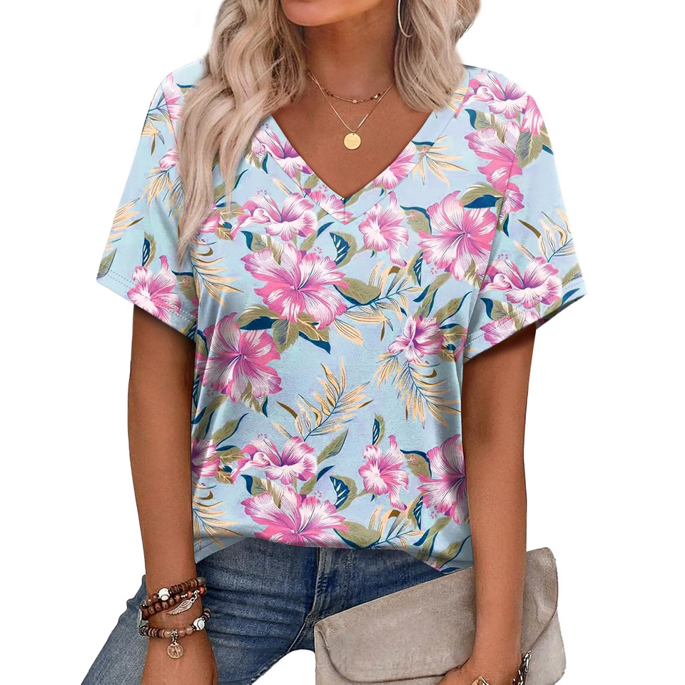 Fantaslook V Neck T Shirts for Women Floral Summer Tops Short Sleeve Shirts Casual Tunic Tops