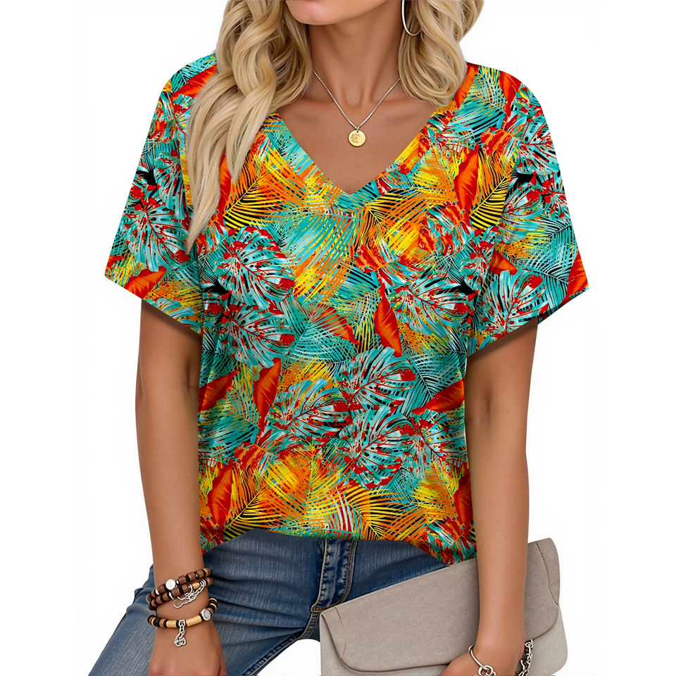 Fantaslook V Neck T Shirts for Women Floral Summer Tops Short Sleeve Shirts Casual Tunic Tops