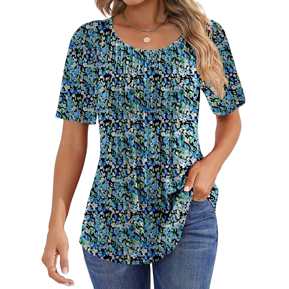 Fantaslook Blouses for Women Pleated Short Sleeve Tunic Tops Dressy Casual Summer Shirts