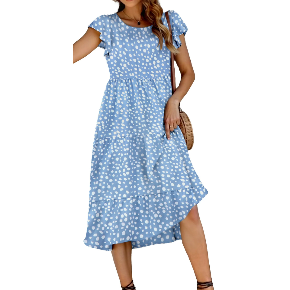 Fantaslook Dresses for Women Summer Casual Boho Dress Floral Print Ruffle Sleeve Midi Beach Dresses