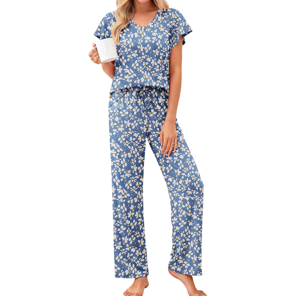 Fantaslook Flower Womens Pajamas Sets Two Piece Casual Lounge Sets Ruffle Sleeve Tops Wide Leg Pants with Pockets Summer Sleepwear Travel Outfits