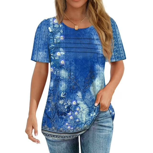 Fantaslook Women Blouses Dressy Casual Summer Short Sleeve Shirts Crew Neck Pleated Tunic Tops