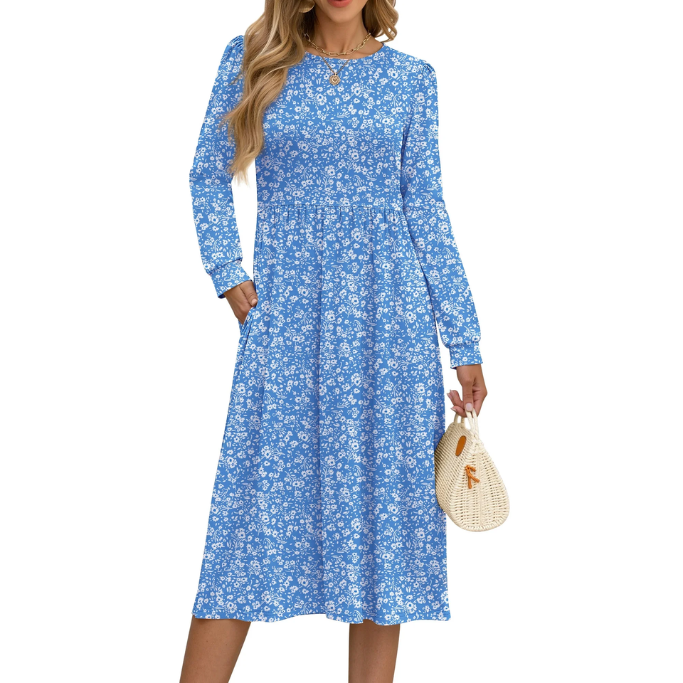 Fantaslook Long Sleeve Midi Dresses for Women Casual Floral Dress Flowy Fall Dresses with Pockets