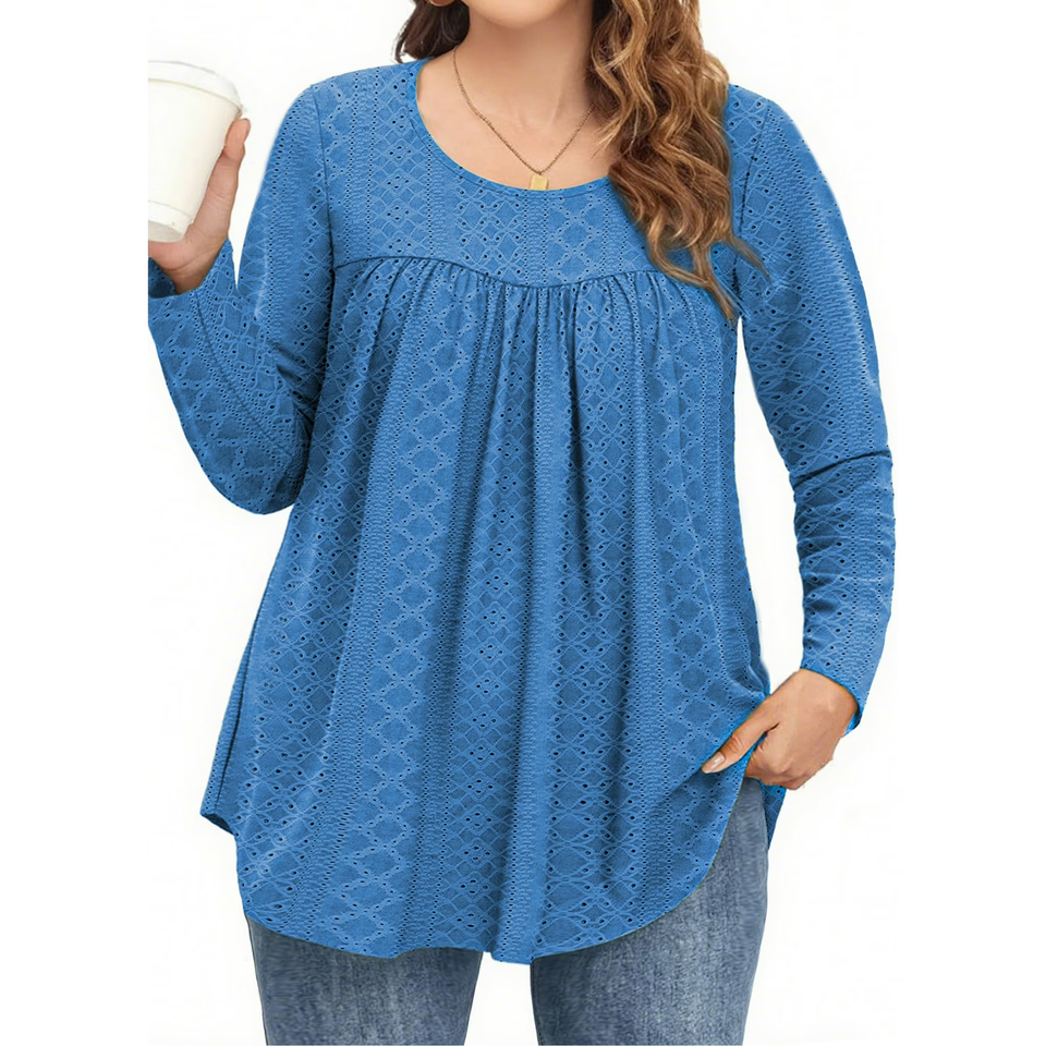 Fantaslook Plus Size Tops For Women Eyelet Long Sleeve Tunic Blouse Crew Neck Pleated Curved Hem Shirts