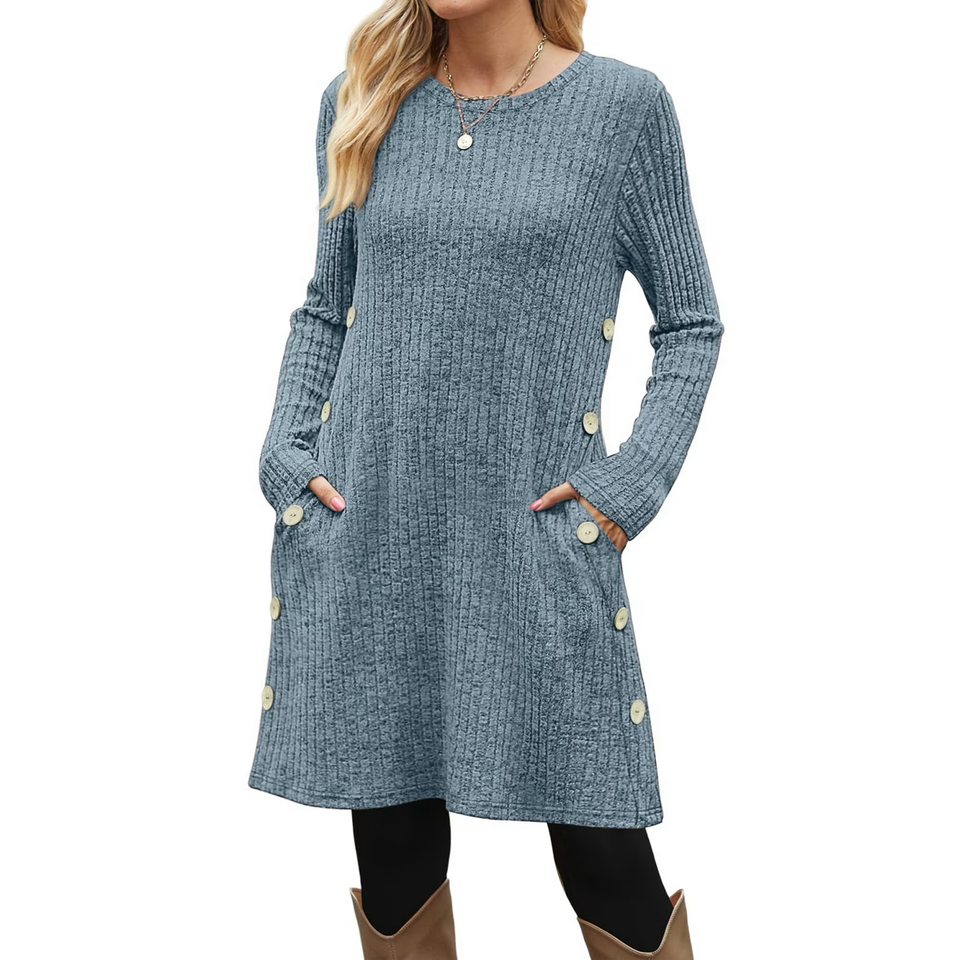 Fantaslook Long Sleeve Womens Dresses Crew Neck Buttons Tunic Dress with Pockets
