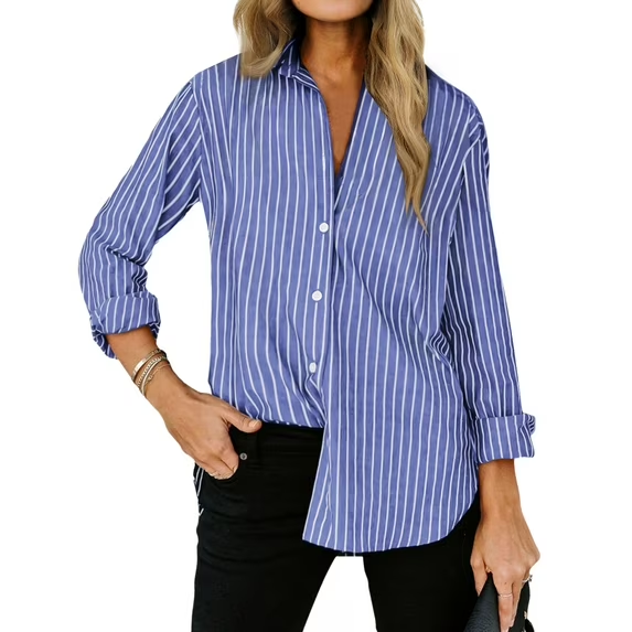 Fantaslook Striped Button Down Shirts for Women Classic Long Sleeve Collared Office Work Blouses Tops