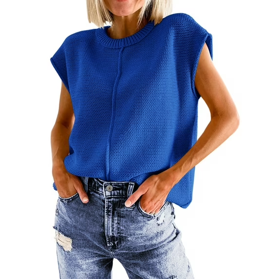 Fantaslook Cap Sleeve Sweaters for Women Casual Crew Neck Loose Knit Lightweight Sweater Vest Pullover Tops
