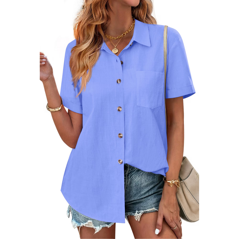 Fantaslook Womens Button Down Shirts Lapel Short Sleeve Shirt Collared Pocketed Casual Blouses Summer Tops