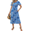 Fantaslook Summer Dresses for Women Casual Short Sleeve Pleated Dress Flowy Floral Dress with Pockets Flare Midi Sundress