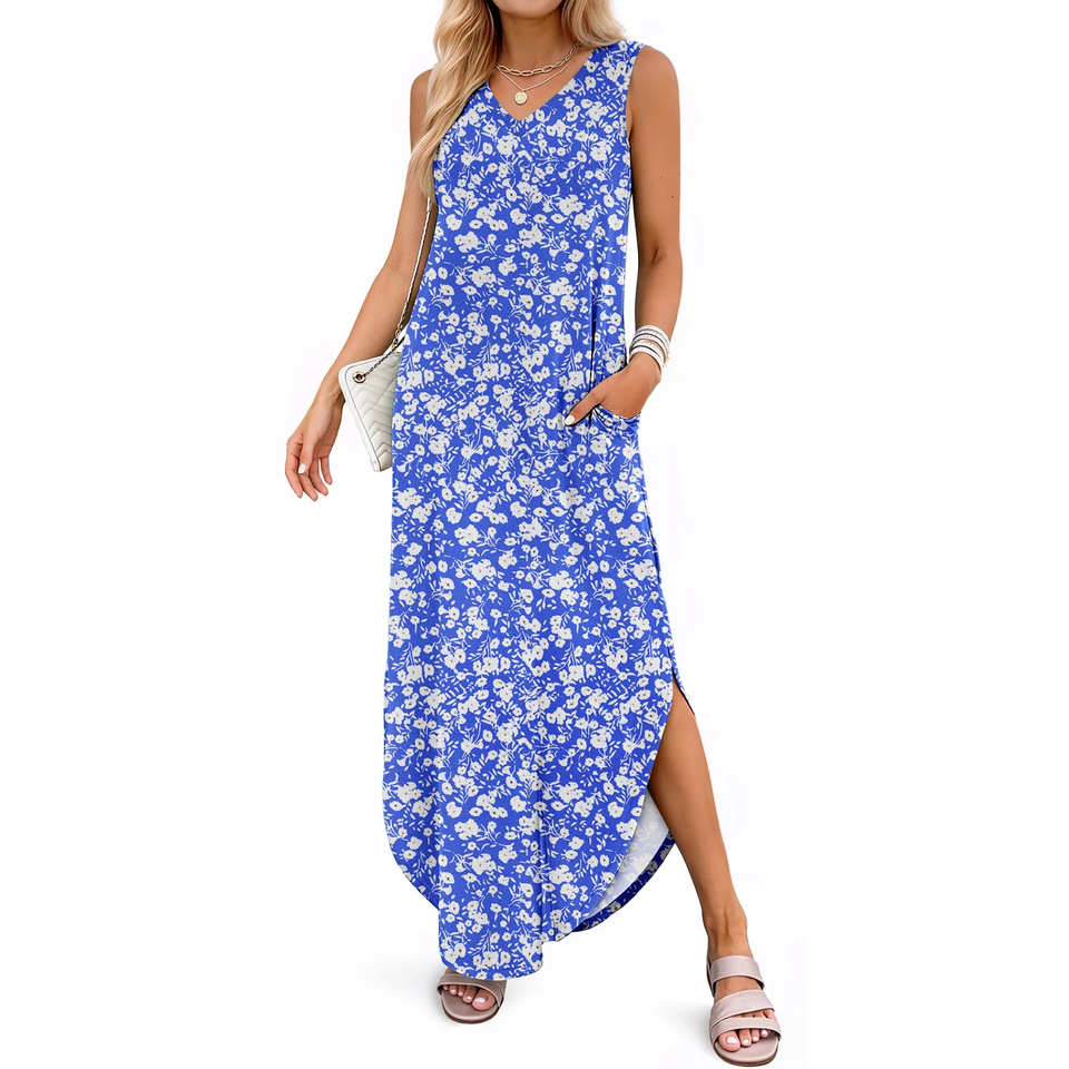 Fantaslook Summer Maxi Dresses for Women V Neck Tank Dress Vacation Beach Floral Sundresses with Pockets