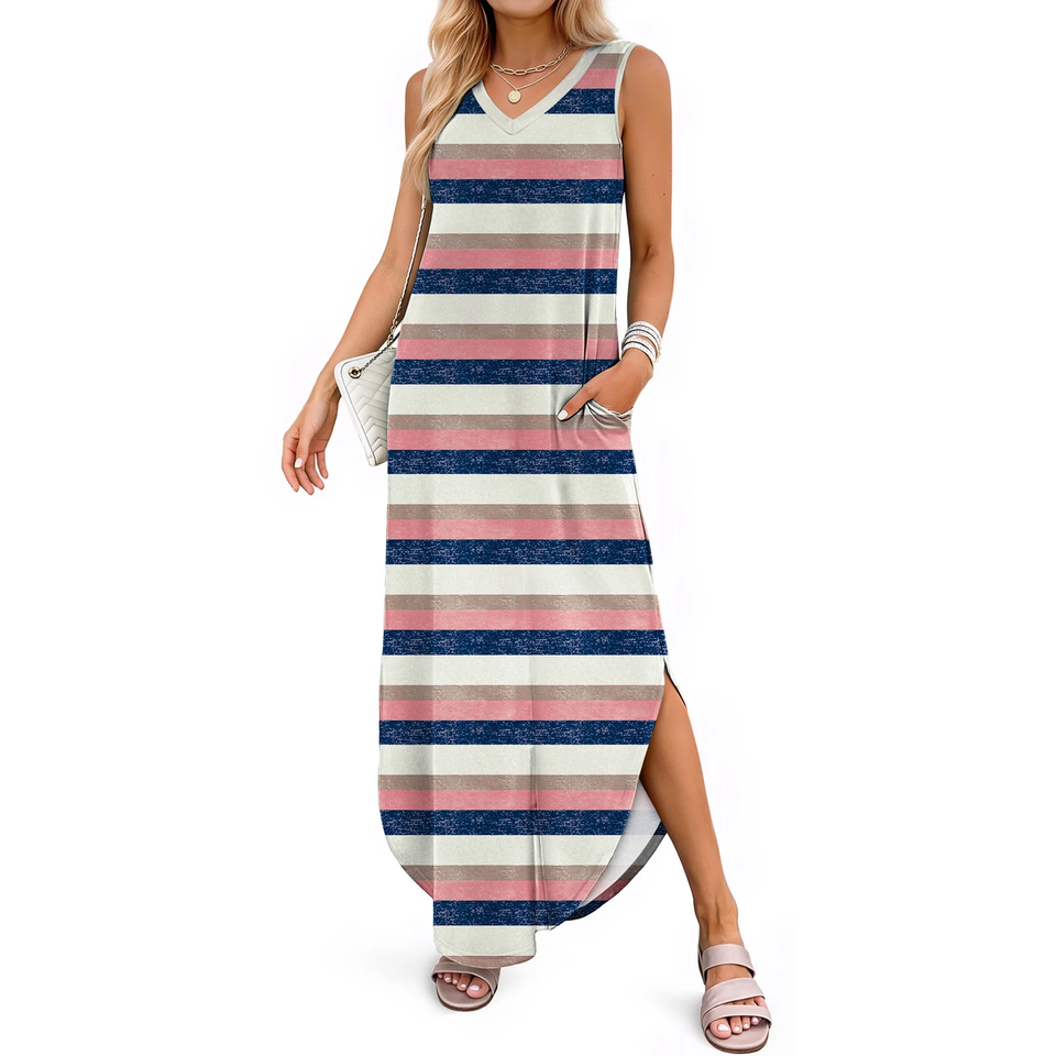 Fantaslook Summer Maxi Dresses for Women V Neck Tank Dress Vacation Beach Floral Sundresses with Pockets