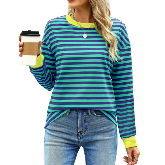 Fantaslook Striped Long Sleeve Shirts for Women Crewneck Tunic Tops Color Block Blouses Fall Pullover