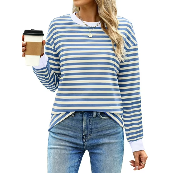 Fantaslook Striped Long Sleeve Shirts for Women Crewneck Tunic Tops Color Block Blouses Fall Pullover