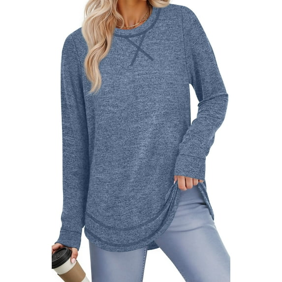 Fantaslook Lightweight Sweatshirts for Women Long Sleeve Crew Neck Tops Casual Curved Hem Shirts
