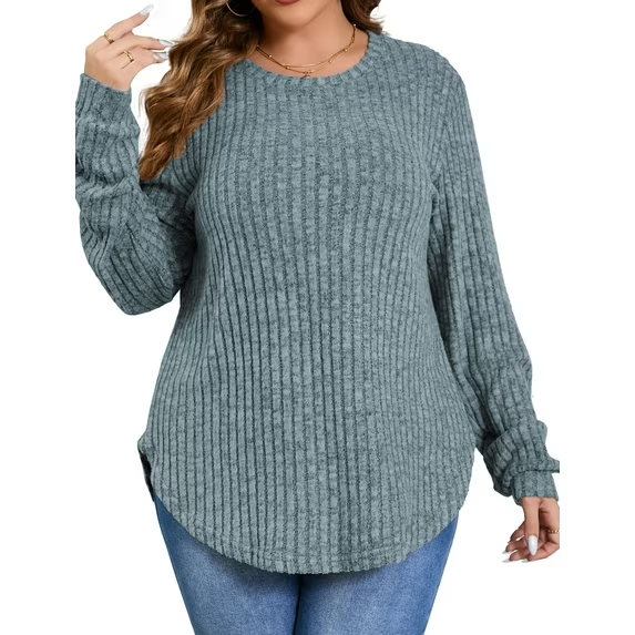 Fantaslook Womens Plus Size Tops Crewneck Long Sleeve Shirts Loose Tunic Tops Curved Hem Fall Pullover