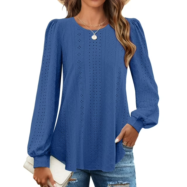 Fantaslook Eyelet Blouses for Women Dressy Casual Long Sleeve Shirts Crew Neck Fall Trendy Tops