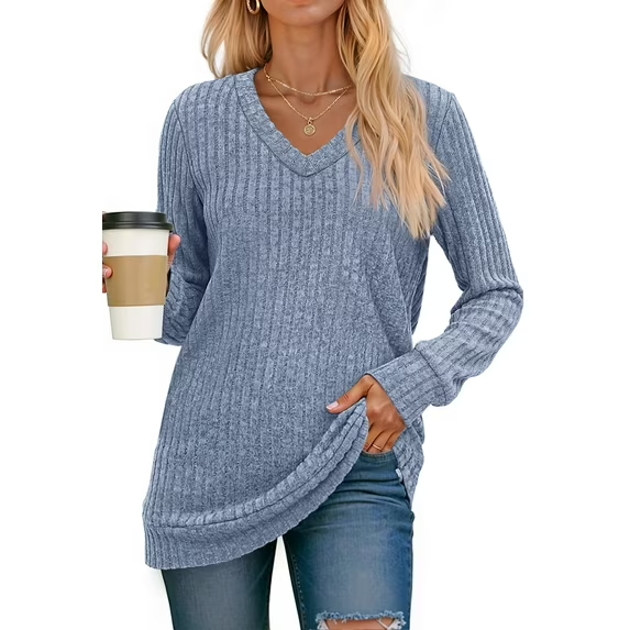 Fantaslook V Neck Long Sleeve Shirts for Women Dressy Casual Fall Tops Lightweight Tunic Pullover Fashion Clothes