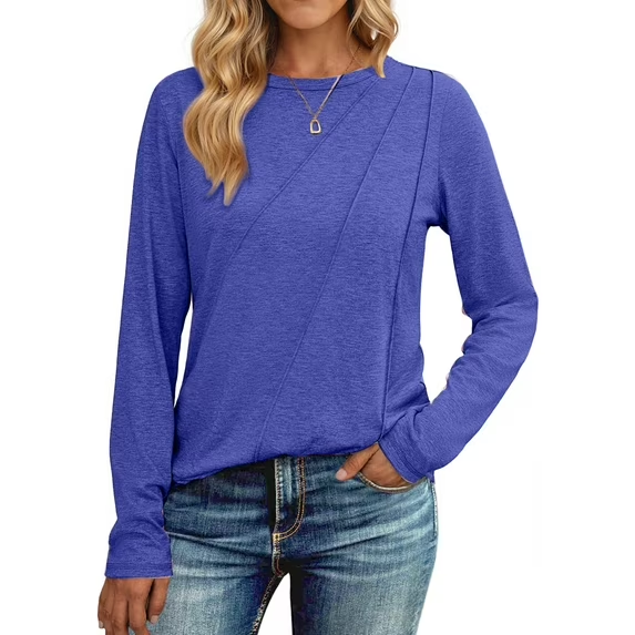 Fantaslook Long Sleeve Shirts for Women Pleated Crew Neck Casual Tops Fall Fashion Blouses Lightweight Clothes