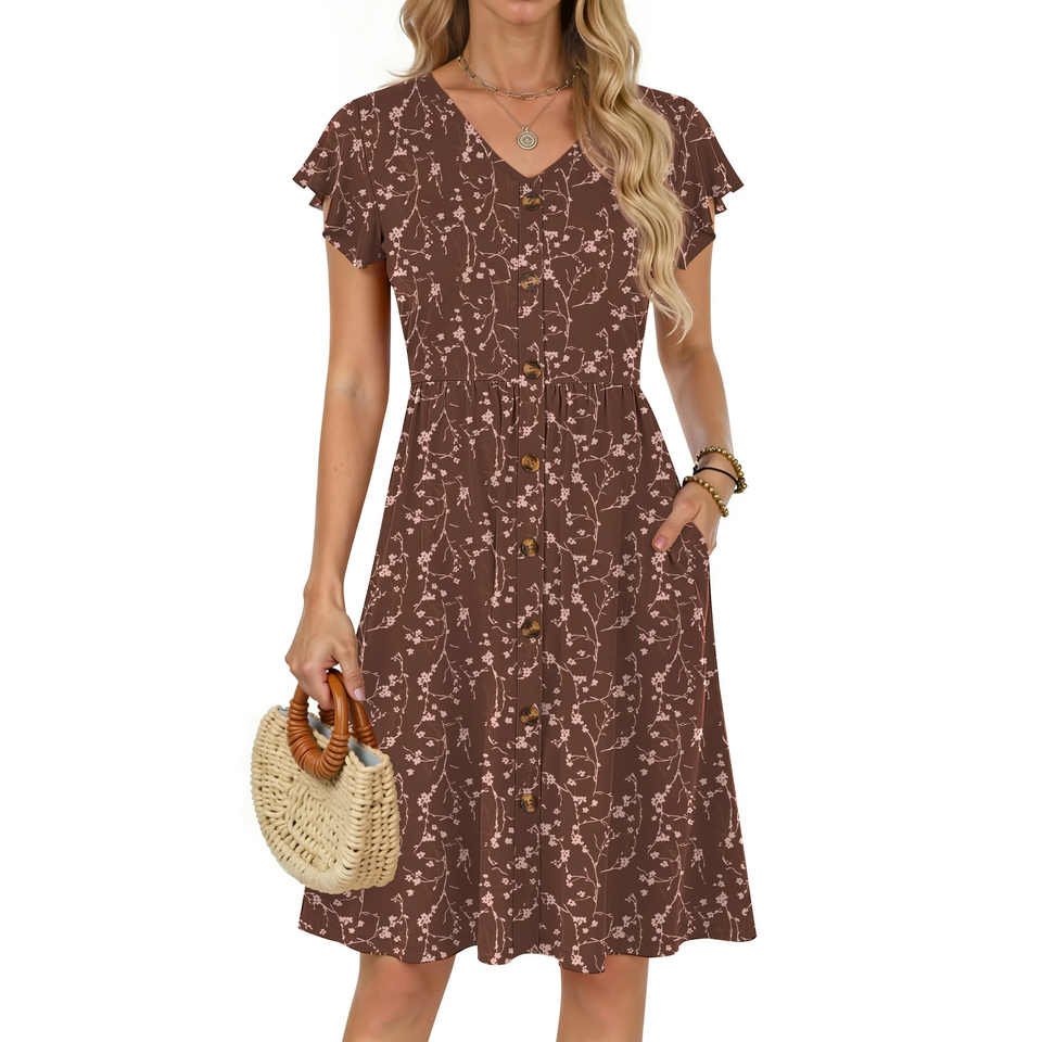 Fantaslook Women Summer Dresses V Neck Ruffle Sleeve Casual Flowy Sundresses Button Floral Midi Dress with Pockets