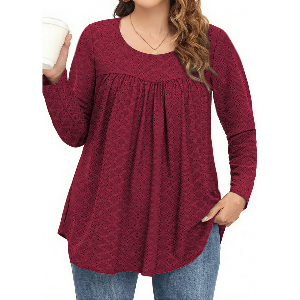 Fantaslook Plus Size Tops For Women Eyelet Long Sleeve Tunic Blouse Crew Neck Pleated Curved Hem Shirts