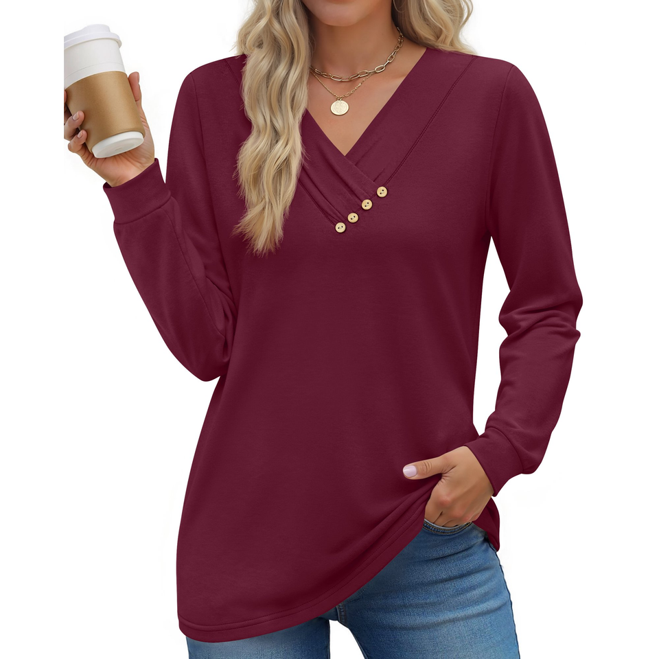Fantaslook V Neck Blouses for Women Dressy Casual Tops Button Long Sleeve Shirts Trendy Fall Tops