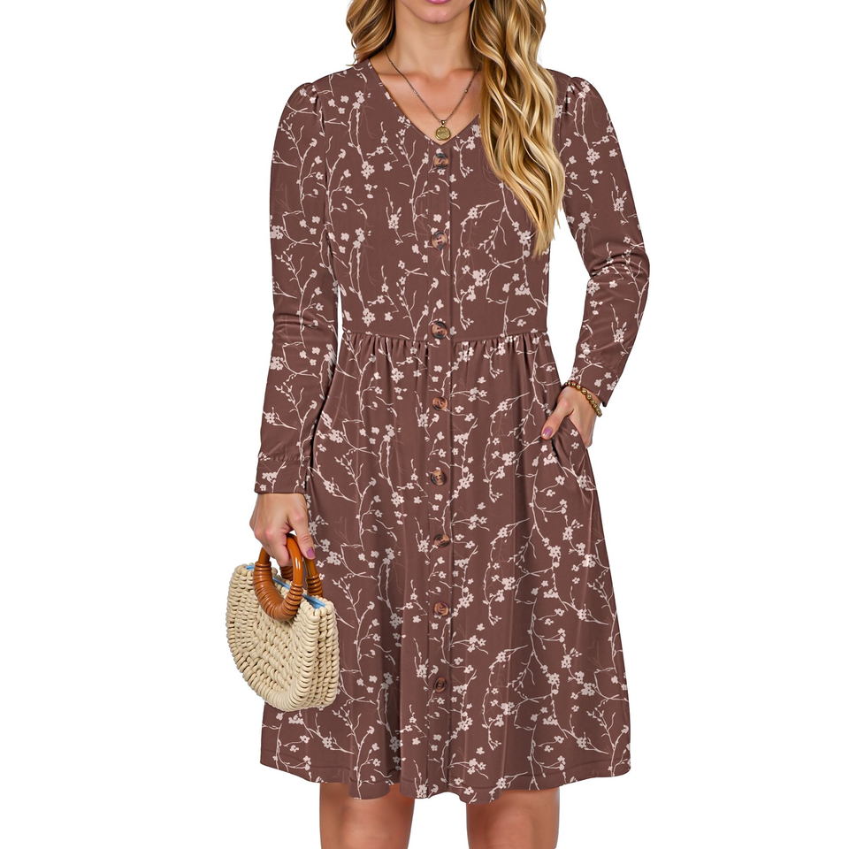 Fantaslook Long Sleeve Dresses for Women V Neck Casual Fall Dress Button Floral Midi Dresses with Pockets